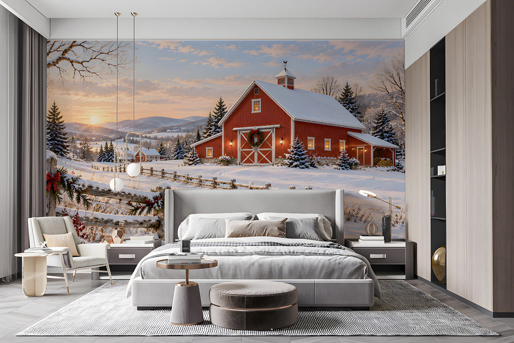 Cozy bedroom featuring a winter barn wall mural behind a comfortable sofa