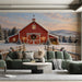 A living room wall covered with a snowy landscape mural, adding depth and seasonal charm to the space.