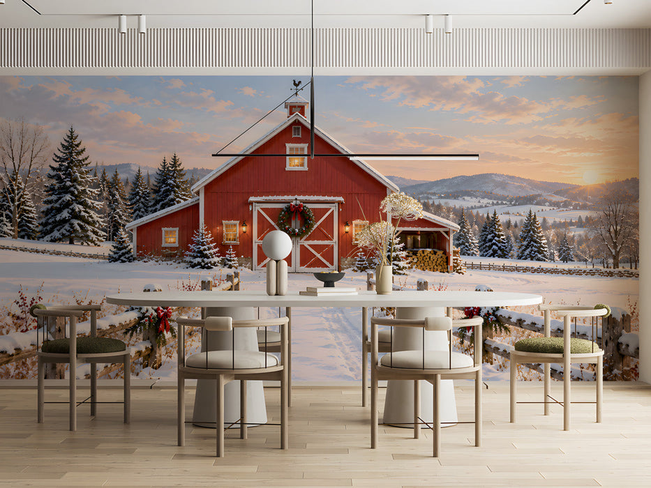 A cozy dining room featuring a snowy winter barn mural on the main wall behind a rustic wooden table.