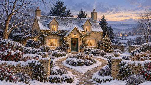 Winter cottage landscape with stone house, snow-covered garden, and glowing warm lights at dusk
