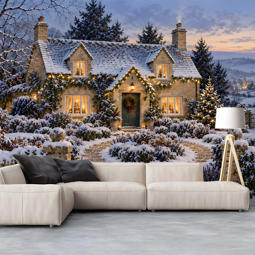 Cozy living room featuring a snowy landscape mural behind a neutral sofa