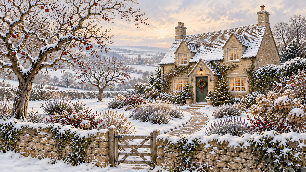 Snow-covered stone cottage with apple trees and garden wall under a soft winter sky