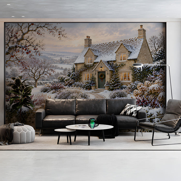Seasonal winter mural decor in a living room featuring festive stone house motif