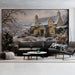 Seasonal winter mural decor in a living room featuring festive stone house motif