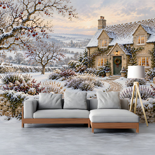 Winter landscape mural installed in a cozy study with wooden furniture
