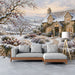 Winter landscape mural installed in a cozy study with wooden furniture