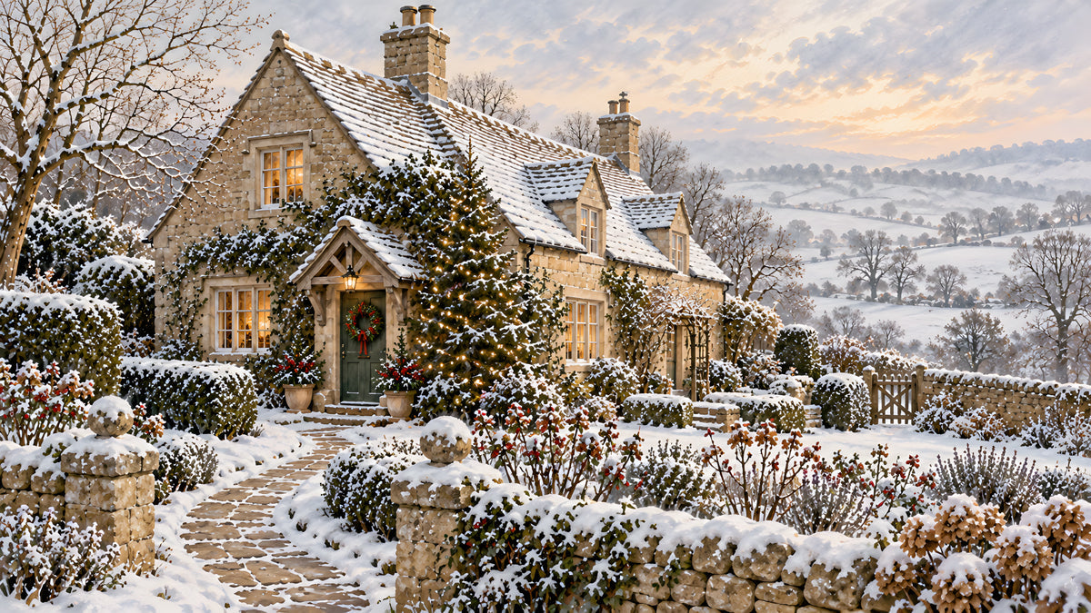 A cozy stone cottage covered in snow with glowing windows and a festive wreath, winter landscape scene
