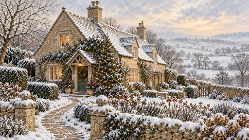 A cozy stone cottage covered in snow with glowing windows and a festive wreath, winter landscape scene