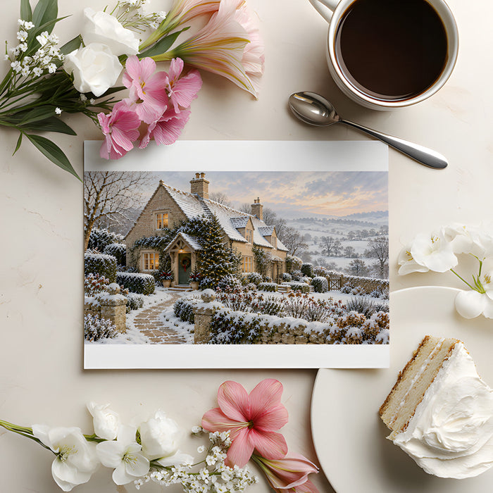 Snowy landscape wallpaper featured in a cozy dining area with wooden furniture
