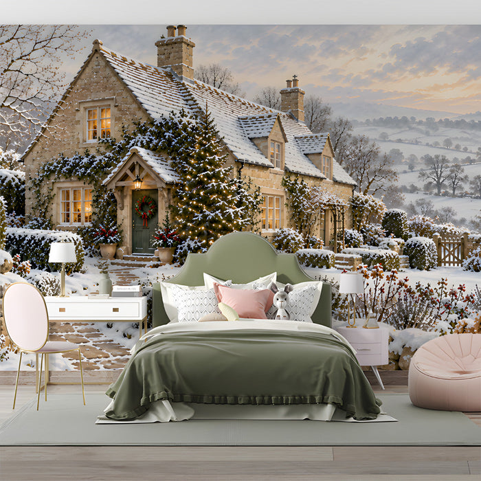 Cottage scene mural in a quiet bedroom with a plush armchair