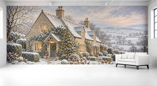 Winter cottage mural installed in an entryway with soft lighting