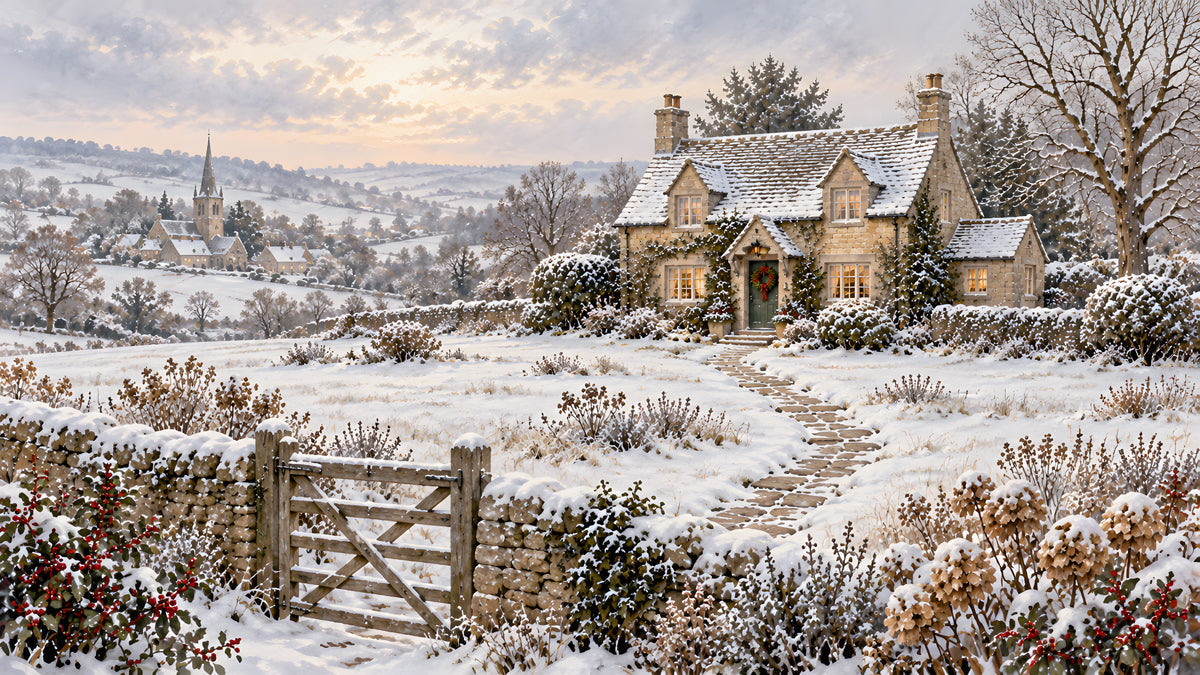 Winter scene wallpaper featuring a snow-covered English stone cottage in a countryside valley