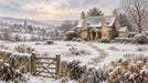 Winter scene wallpaper featuring a snow-covered English stone cottage in a countryside valley