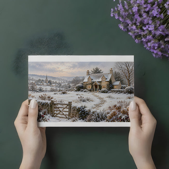 Cozy bedroom featuring a winter landscape mural behind a wooden headboard