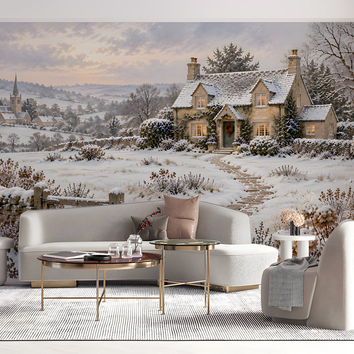 Home office interior with a picturesque snowy village wall mural