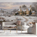 Home office interior with a picturesque snowy village wall mural