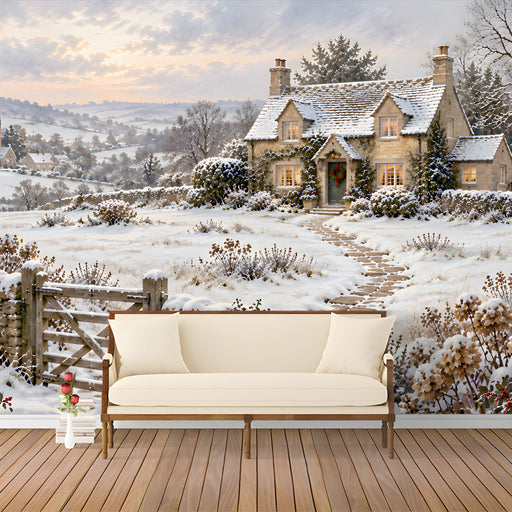 Reading room with a snowy cottage wall mural and neutral farmhouse decor