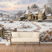 Reading room with a snowy cottage wall mural and neutral farmhouse decor