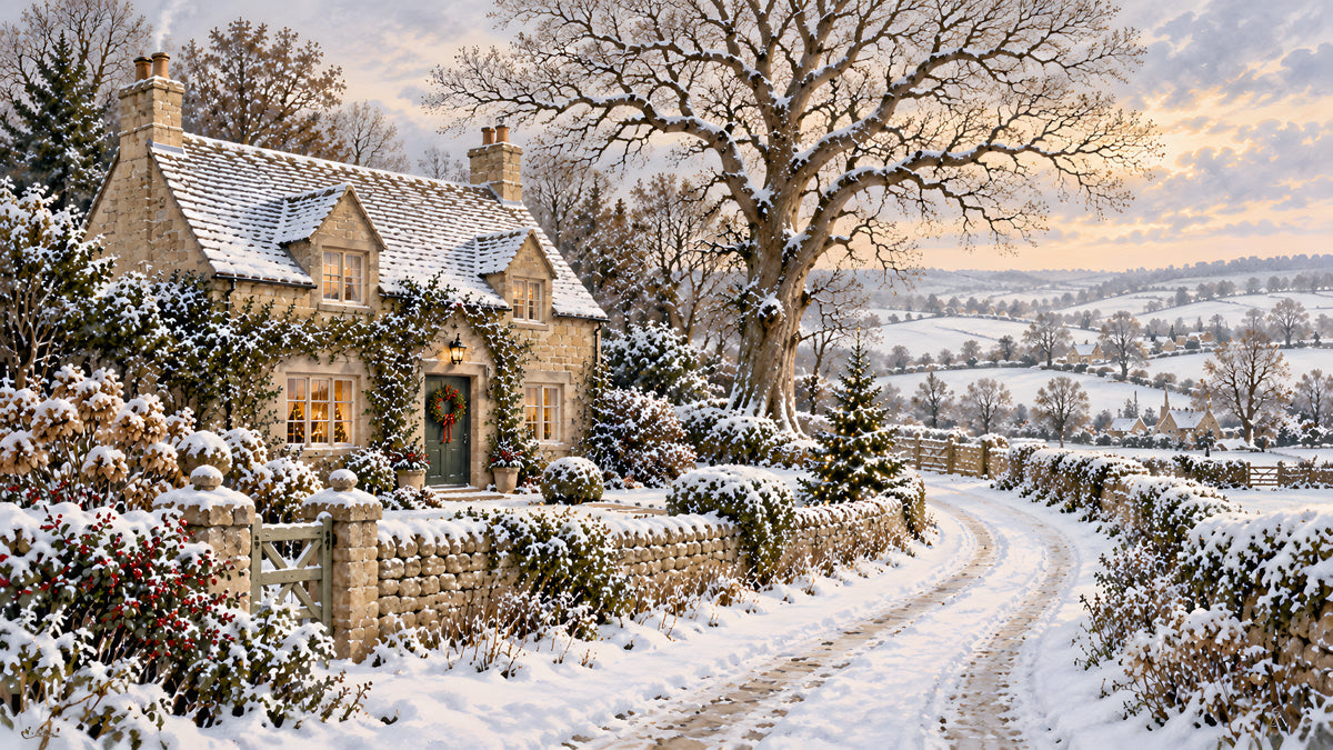 A detailed painterly landscape showing a stone cottage covered in snow with a winding path and a soft sunset sky