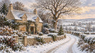 A detailed painterly landscape showing a stone cottage covered in snow with a winding path and a soft sunset sky