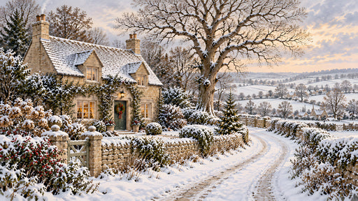A detailed painterly landscape showing a stone cottage covered in snow with a winding path and a soft sunset sky
