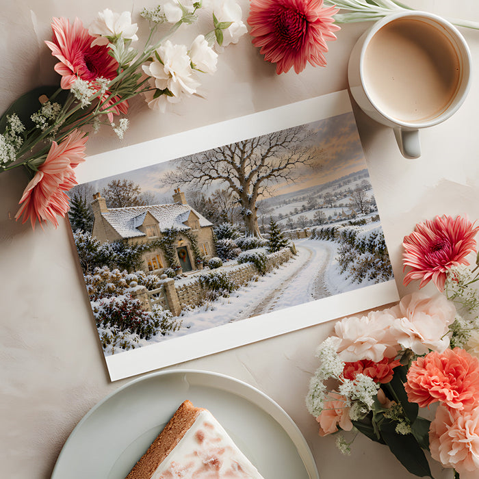 Snowy landscape wallpaper in a rustic dining room featuring natural wood furniture