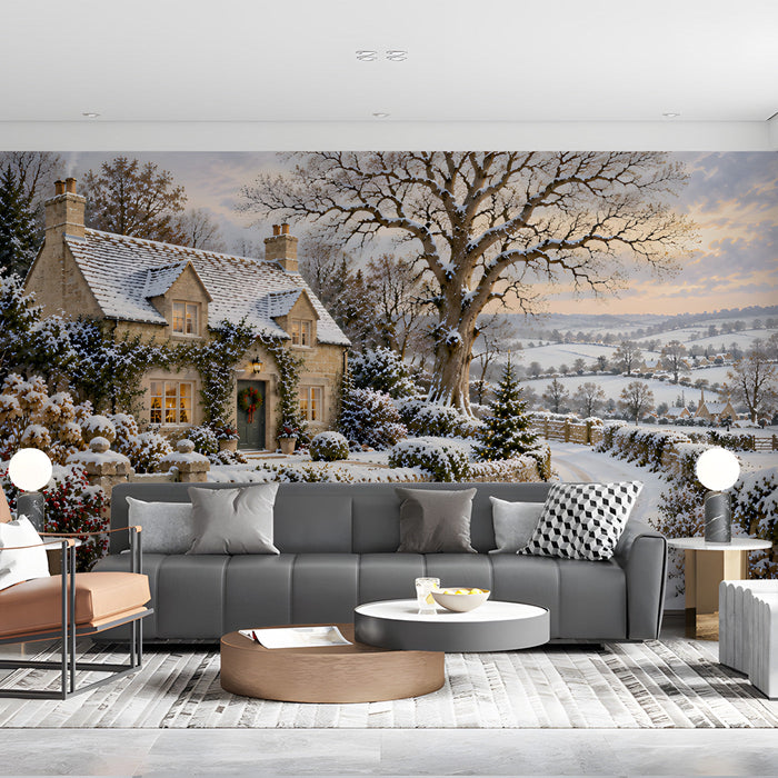 Scenic winter countryside mural in a bright living room space with a warm minimalist aesthetic