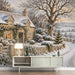 Winter cottage mural installed as a cozy focal point in a master bedroom with soft lighting