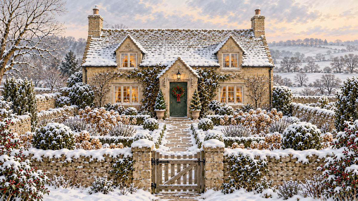 A photorealistic snowy cottage scene with stone walls, frosted hedges, and a winter garden at sunset.