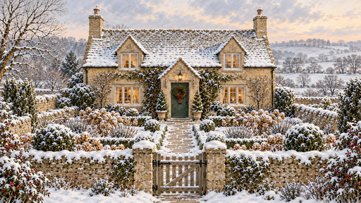 A photorealistic snowy cottage scene with stone walls, frosted hedges, and a winter garden at sunset.