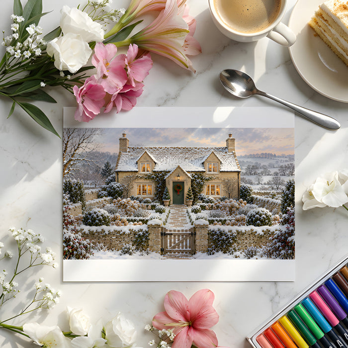 Detailed winter garden mural design featured on the main wall of a dining room.