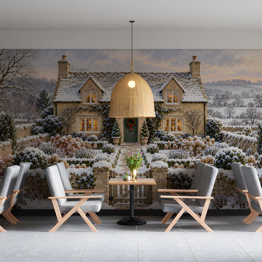 A peaceful cottage scene wallpaper covering the wall of a restaurant.