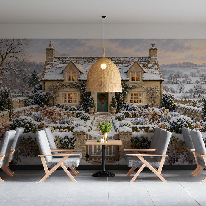 A peaceful cottage scene wallpaper covering the wall of a restaurant.