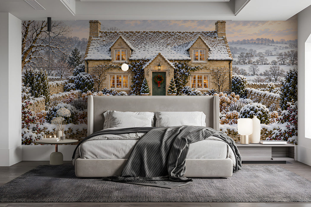 Snowy cottage landscape mural installed in a cozy bedroom with wooden furniture.