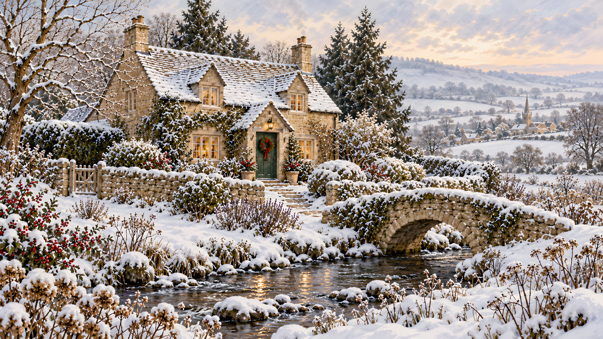 Snowy English cottage scene with a stone bridge over a creek, deep forest green door, and soft sunset sky.