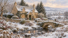 Snowy English cottage scene with a stone bridge over a creek, deep forest green door, and soft sunset sky.
