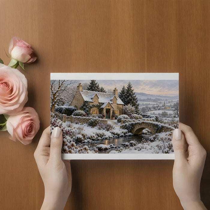 Winter landscape wallpaper in a calm bedroom setting with wood accents and white bedding.