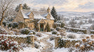 A scenic winter landscape wallpaper featuring a stone cottage with a snowy garden and rolling hills.