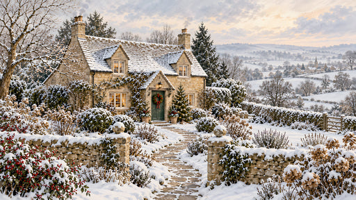 A scenic winter landscape wallpaper featuring a stone cottage with a snowy garden and rolling hills.