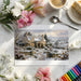 Winter scenery wall mural featured in a cozy reading nook with a wooden bookshelf.