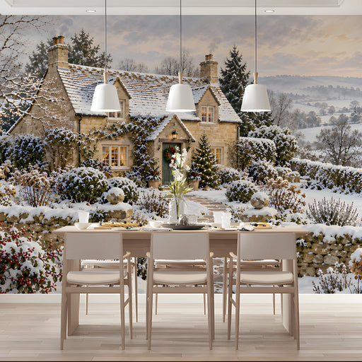 Landscape wall mural showing a snowy village scene in a spacious dining room.