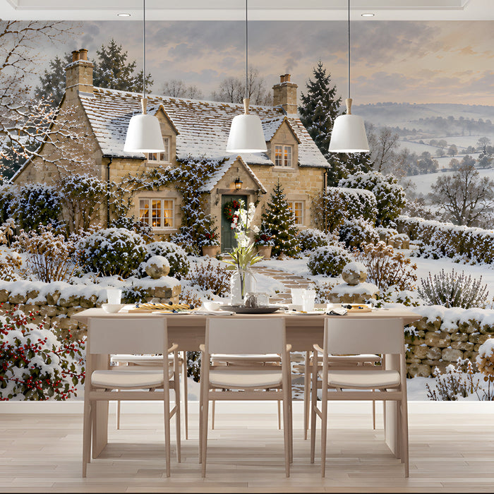 Landscape wall mural showing a snowy village scene in a spacious dining room.