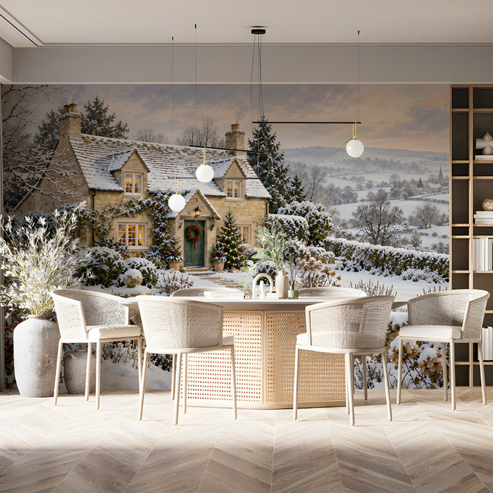 Snowy cottage mural installed on a dining room wall behind a velvet sofa.