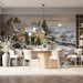 Snowy cottage mural installed on a dining room wall behind a velvet sofa.