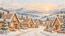 A whimsical snowy village made of gingerbread houses with snow-capped roofs, pine trees, and a mountain backdrop at sunrise.