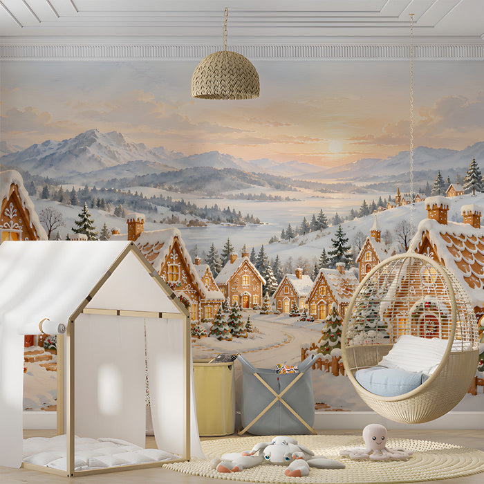 A kid's room wall with a holiday winter village scene, styled with warm lighting and seasonal decor.