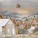 A kid's room wall with a holiday winter village scene, styled with warm lighting and seasonal decor.