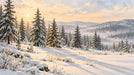 Snowy mountain landscape with pine trees at sunrise in a painterly style