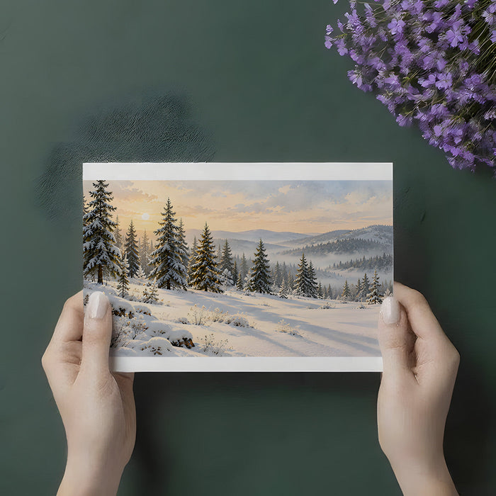Snowy mountain scene wall mural in a minimalist home office