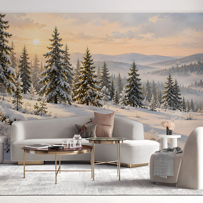 Serene winter landscape mural installed in a quiet living room